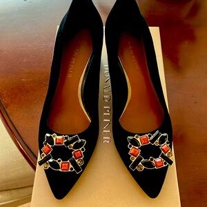 Donald Pliner suede pumps with a gold and stone buckle